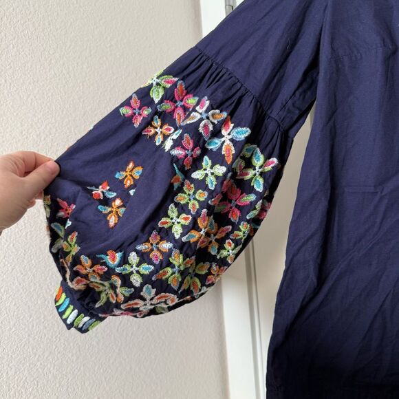 Maeve Anthropologie Sonja Blouse Top Sz 0 Blue Embroidered Balloon Sleeve V Neck - Picture 5 of 12